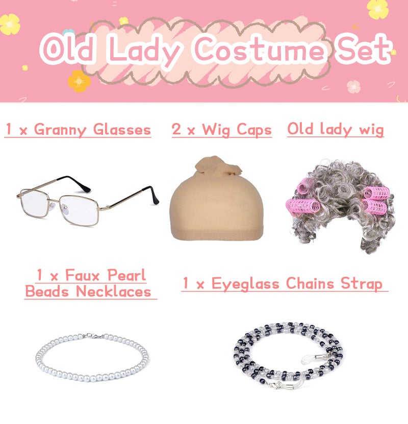 FAYBOX Old Lady Wig Costume for Women,100 Days of School Costume,Grandma Granny Costume Wig - Image 5
